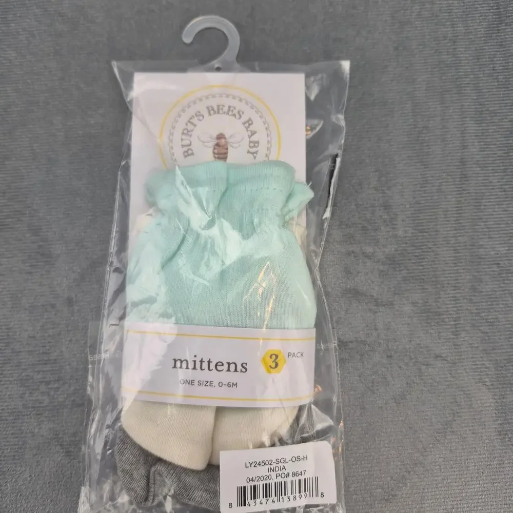 Burt's Bees Organic Cotton Baby Mittens 3 Pack Mint, White & Gray 0-6M
